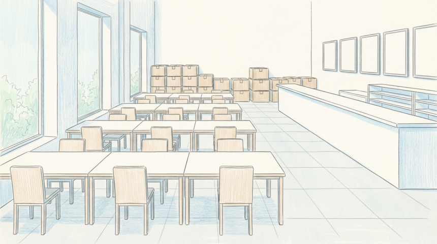 Hand-drawn illustration of a bright pharmaceutical order fulfillment office with plain desks and stacked shipping cartons
