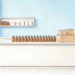 Hand-drawn illustration of a specialty pharmacy dispensary counter with unmarked medicine bottles and parcel boxes