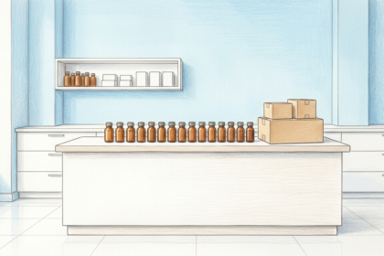 Hand-drawn illustration of a specialty pharmacy dispensary counter with unmarked medicine bottles and parcel boxes