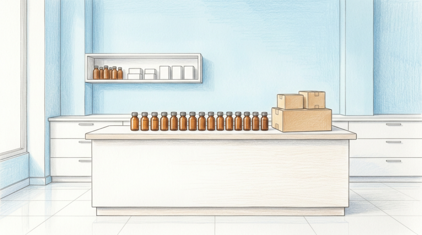 Hand-drawn illustration of a specialty pharmacy dispensary counter with unmarked medicine bottles and parcel boxes