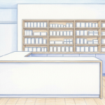 Hand-drawn illustration of a bright pharmacy checkout with plain shelves of unmarked product cartons