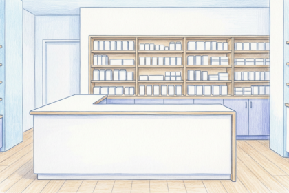 Hand-drawn illustration of a bright pharmacy checkout with plain shelves of unmarked product cartons