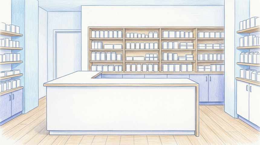 Hand-drawn illustration of a bright pharmacy checkout with plain shelves of unmarked product cartons