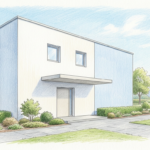 Hand-drawn illustration of a clean European biotechnology campus building with plain pale walls and a blank canopy