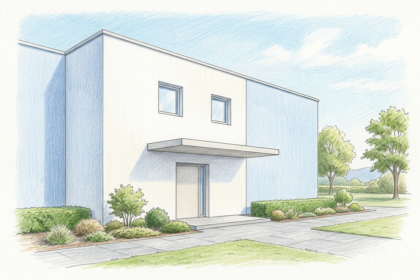 Hand-drawn illustration of a clean European biotechnology campus building with plain pale walls and a blank canopy
