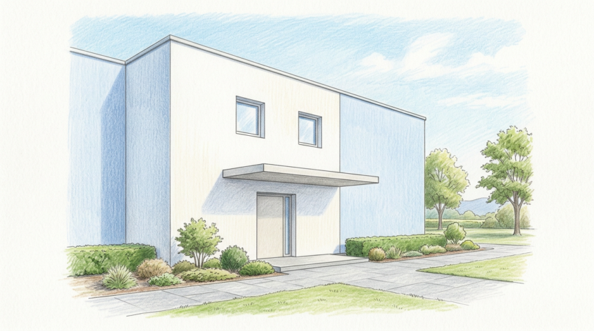 Hand-drawn illustration of a clean European biotechnology campus building with plain pale walls and a blank canopy