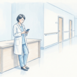 Hand-drawn illustration of a physician in a white coat looking at a phone in a bright hospital corridor