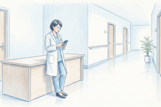 Hand-drawn illustration of a physician in a white coat looking at a phone in a bright hospital corridor