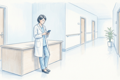 Hand-drawn illustration of a physician in a white coat looking at a phone in a bright hospital corridor