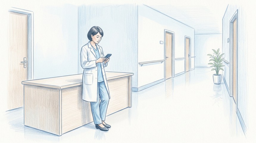 Hand-drawn illustration of a physician in a white coat looking at a phone in a bright hospital corridor
