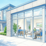 Hand-drawn illustration of a hospital building and patient waiting area