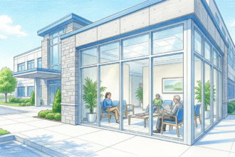 Hand-drawn illustration of a hospital building and patient waiting area