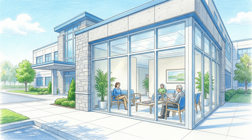 Hand-drawn illustration of a hospital building and patient waiting area