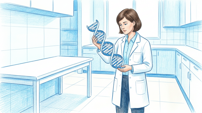 Hand-drawn illustration of a genetic testing laboratory