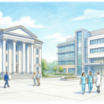 Hand-drawn illustration of a government building and hospital