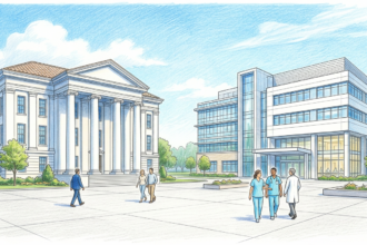 Hand-drawn illustration of a government building and hospital