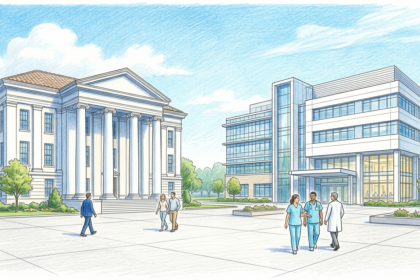 Hand-drawn illustration of a government building and hospital