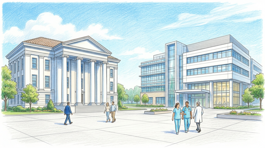 Hand-drawn illustration of a government building and hospital