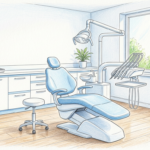 Hand-drawn illustration of a dental clinic room