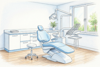 Hand-drawn illustration of a dental clinic room