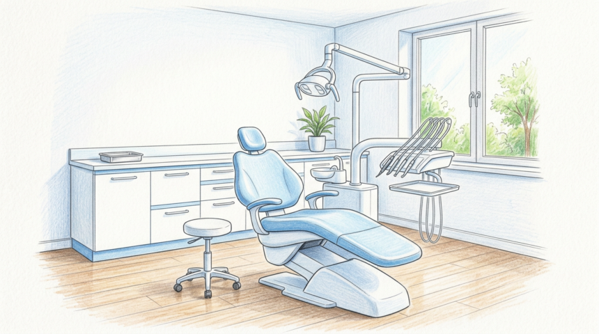 Hand-drawn illustration of a dental clinic room
