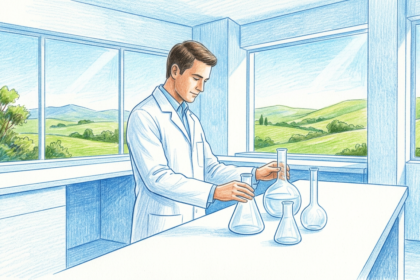 Hand-drawn illustration of a clinical trial laboratory