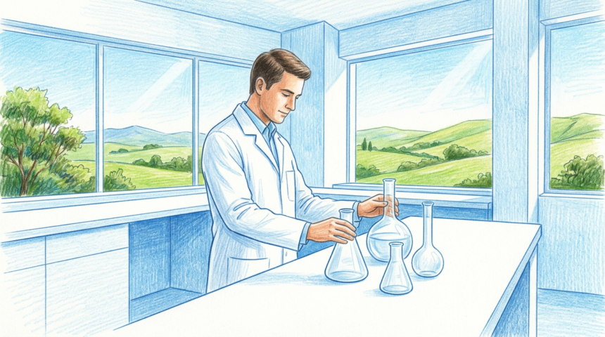 Hand-drawn illustration of a clinical trial laboratory