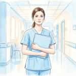 Hand-drawn illustration of a nurse in a hospital corridor