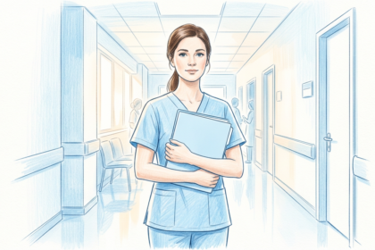 Hand-drawn illustration of a nurse in a hospital corridor
