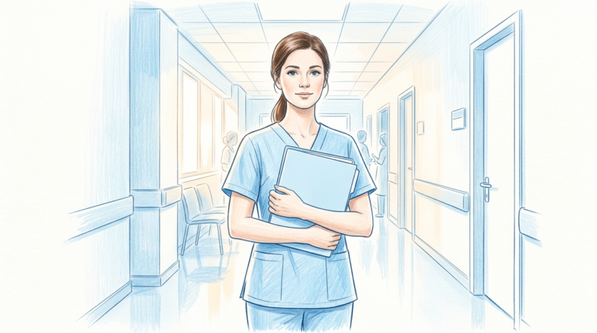 Hand-drawn illustration of a nurse in a hospital corridor