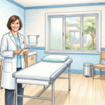 Hand-drawn illustration of a correctional health exam room