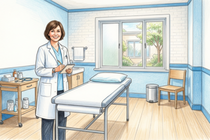Hand-drawn illustration of a correctional health exam room