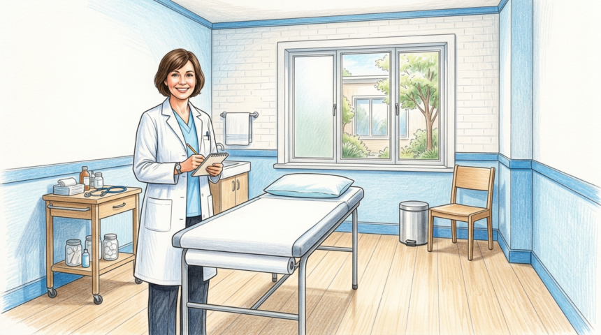 Hand-drawn illustration of a correctional health exam room