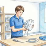 Hand-drawn illustration of a hospital biomedical engineering workshop with a technician inspecting plain medical devices