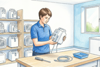 Hand-drawn illustration of a hospital biomedical engineering workshop with a technician inspecting plain medical devices