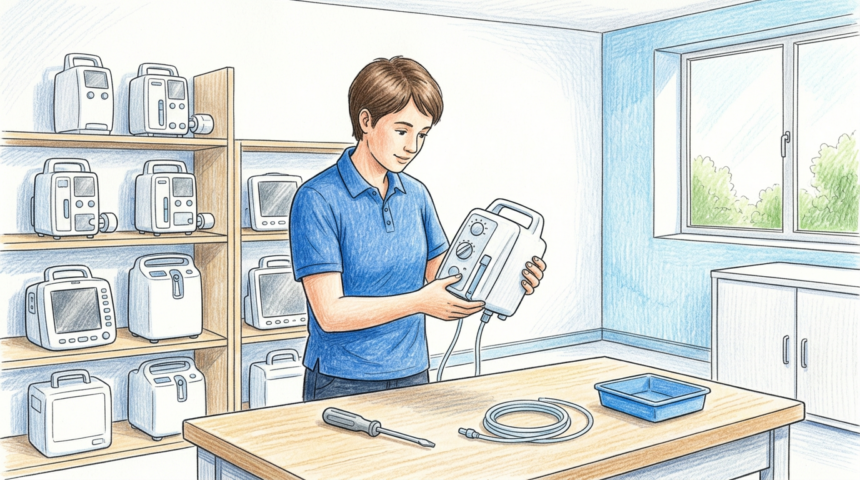 Hand-drawn illustration of a hospital biomedical engineering workshop with a technician inspecting plain medical devices