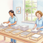 Hand-drawn illustration of hospital staff sorting paper claims forms in a bright office