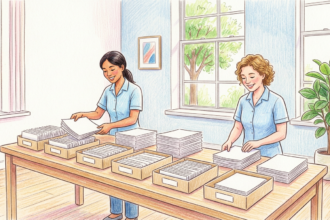 Hand-drawn illustration of hospital staff sorting paper claims forms in a bright office