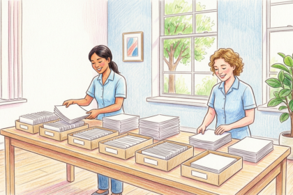 Hand-drawn illustration of hospital staff sorting paper claims forms in a bright office