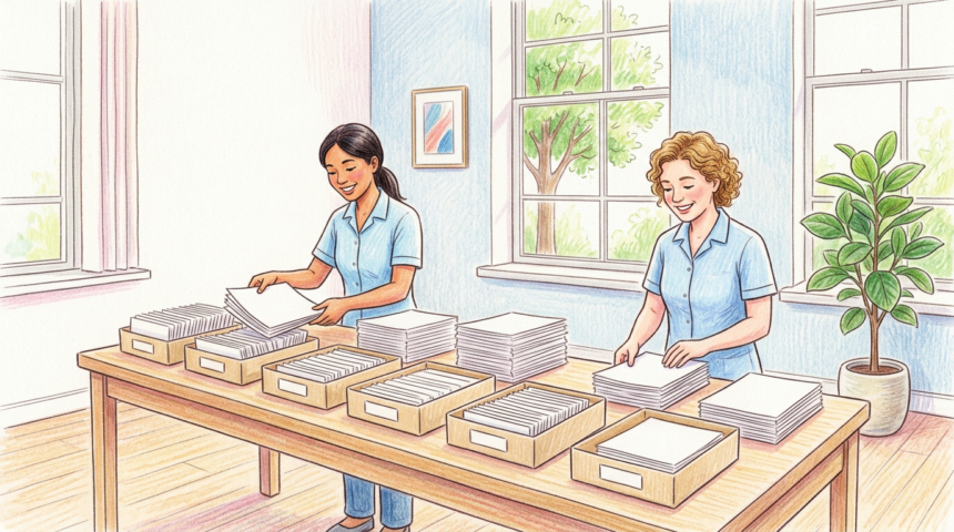 Hand-drawn illustration of hospital staff sorting paper claims forms in a bright office