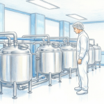Hand-drawn illustration of a pharmaceutical manufacturing clean room with stainless steel tanks