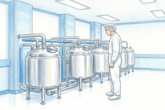 Hand-drawn illustration of a pharmaceutical manufacturing clean room with stainless steel tanks