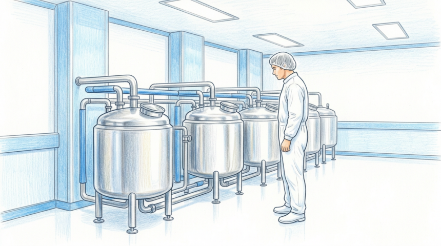 Hand-drawn illustration of a pharmaceutical manufacturing clean room with stainless steel tanks