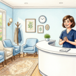 Hand-drawn illustration of a welcoming medical clinic reception area with a nurse