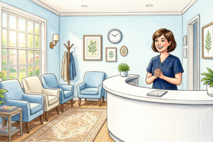 Hand-drawn illustration of a welcoming medical clinic reception area with a nurse