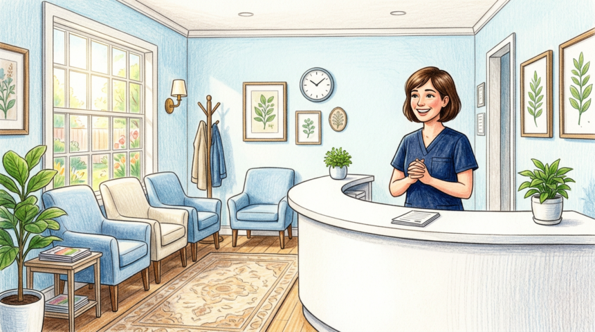 Hand-drawn illustration of a welcoming medical clinic reception area with a nurse