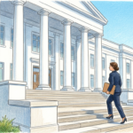 Hand-drawn illustration of a state government building with columns and a compliance professional