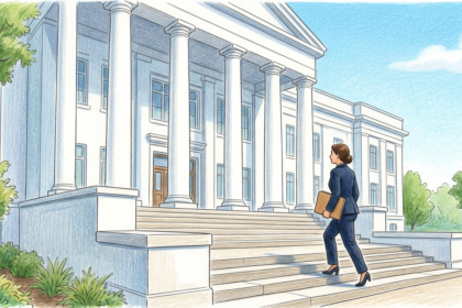 Hand-drawn illustration of a state government building with columns and a compliance professional