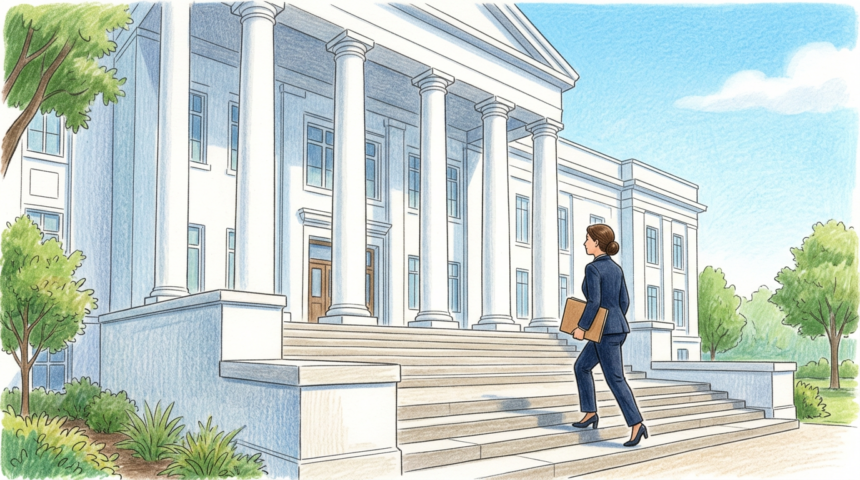 Hand-drawn illustration of a state government building with columns and a compliance professional