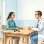 Bright clinic room where an interpreter with a headset meets a physician